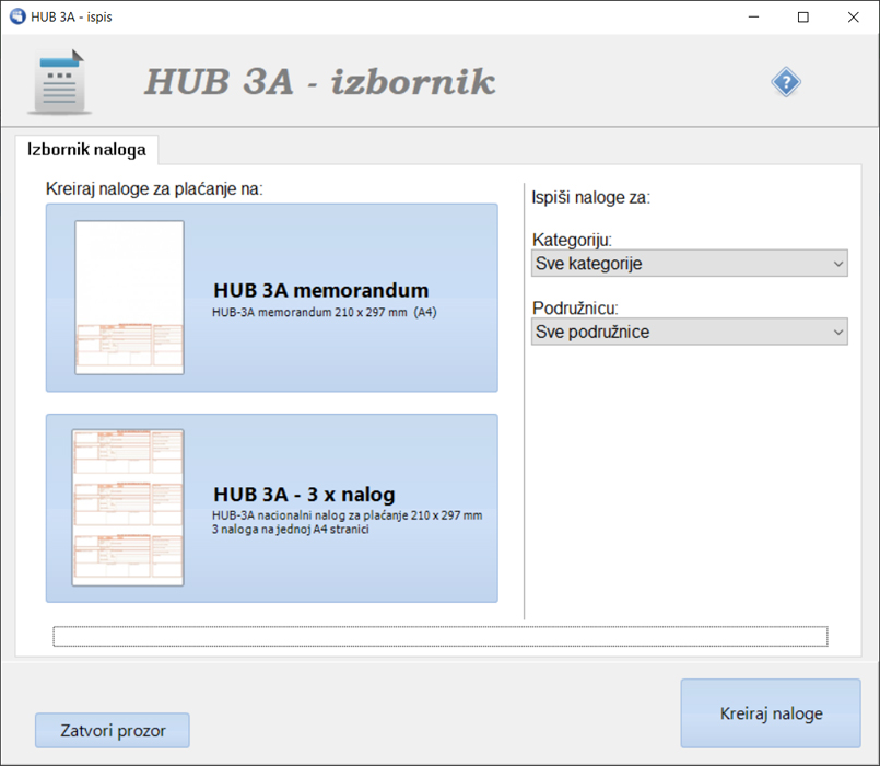 Ispis HUB 3A naloga  na uplatnice ili memorandome