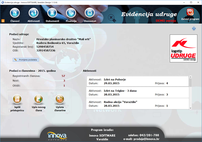 Program/aplikacija: Evidencija udruge